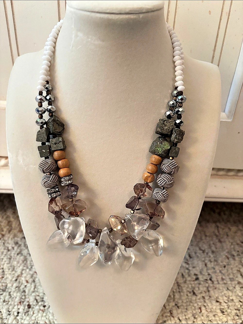 Statement Beaded Crystal Necklace Gray & Brown Like New